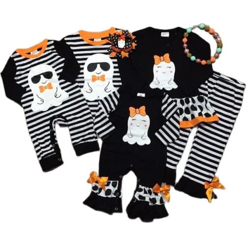 Girlymax Halloween Baby Girls Boys Ghost Stripe Romper Toddler Pants Set Boutique Outfits Match Accessories Kids Clothing