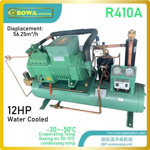 12HP water cooled R410a condensing unit with conventional compressor improves cylinder volume efficiency & cooling capacity much