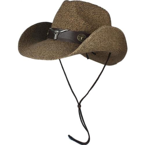 LUCKYLIANJI 3D Metal Bull Adjustable Leather Band Chin Strap Gangster Cap Travel Western Cowboy Summer Sun Straw Panama Jazz Hat