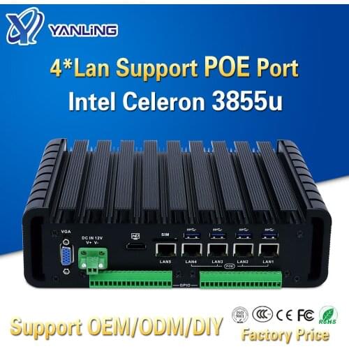 Yanling New type industrial fanless barebone mini pc with intel 3855u dual core 2 COMS 4 lan support 802.3af standard POE Port