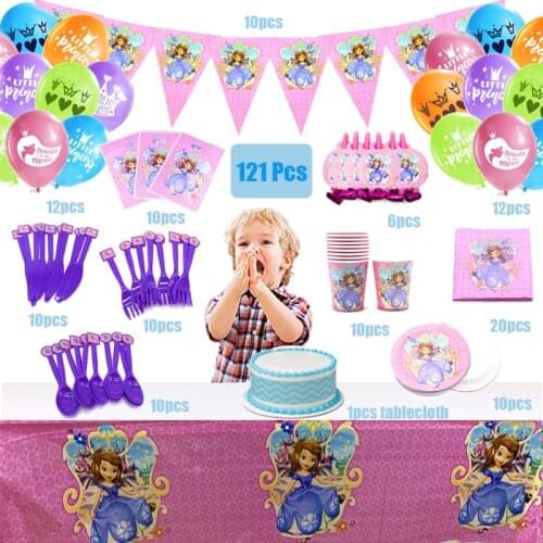 Sofia Princess Theme Cartoon Party Tableware Set Cup Plate Napkins Flags Kids Birthday Party Decorations Supplies 10 People Use