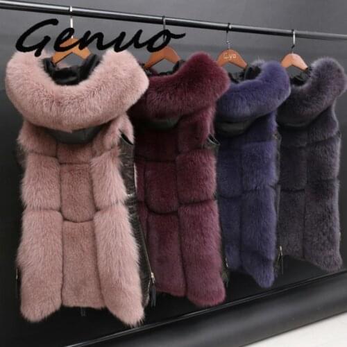 Genuo New Winter Womens Fur Jacket Faux Fox Fur Vest Coat Fashion Hooded Fur Waistcoat Side Zipper Stitching Leather Warm Outwe