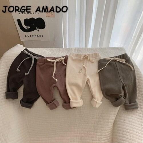 2021 Korean Style New Autumn Kids Girls Boys Pants Candy Color Elastic Waist Plush Trousers Children Fashion Style Clothes E2500