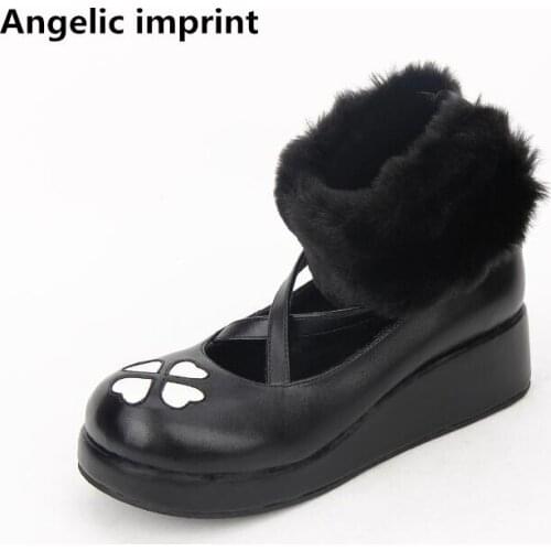 Angelic imprint New woman mori girl lolita cosplay shoes lady mid heels Pumps women princess dress warm shoes 34-47 short plush