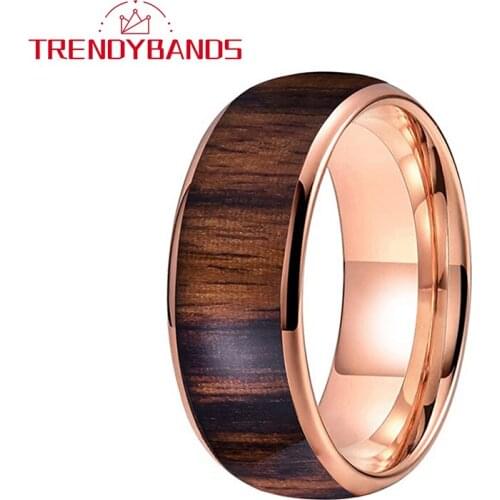 8MM Koa Wood Inlay Tungsten Carbide Rings For Men Women Wedding Band Domed Polished Shiny Comfort Fit