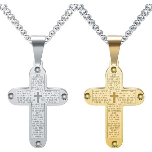 New Punk Holy Bible Cross Necklace For Men Rock Inscription Gold & Silver Color Stainless Steel Pendant Necklaces Jewelry