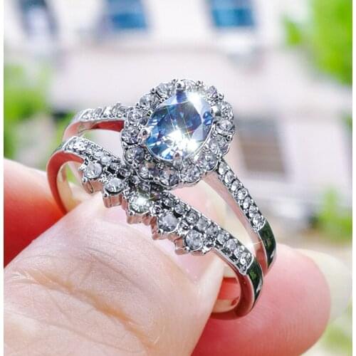 Paired Lake Blue Crystal Rings Set for Women Wedding Party Engagement Silver Color Cubic Zircon Ring Jewelry Accessories Gift
