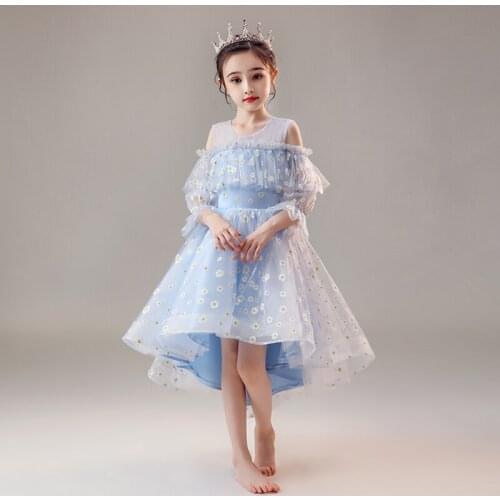 Flower Girls Dresses Tiered Lace Tulle Princess Ball Gown Off The Shoulder Flowers O-Neck Blue Knee-Length Kids Party Dress D174