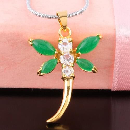 Gold Color Dragonfly Shaped Green Jade Rhinestone Pendant Charms For Jewelry Making Necklace Accessories