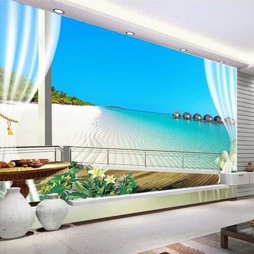 Custom 3D Photo Wallpaper Murals Maldives 3D Stereoscopic Window Balcony Beach Sea view Backdrop Wall Mural Non-woven Wallpaper