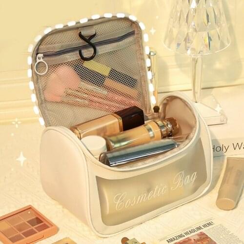 Portable PU Makeup Pouch Large Capacity Travel Organzier Bag with Zippered Mesh Pocket Hanging Hook for Women Girls 85DD