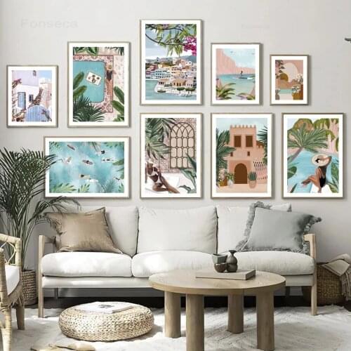 Summer Seaside Travel Poster Greece Crete Beach Girl Tropical Jungle Abstract Wall Art Canvas Painting for Living Room Decor