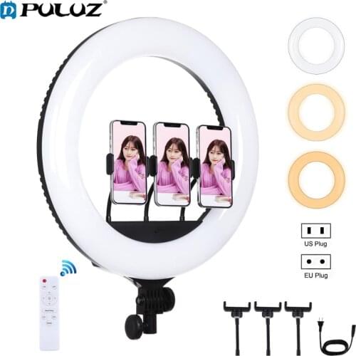 PULUZ 18 inch 46cm USB 3 Modes Dimmable White Light LED Ring Vlogging Photography Video Light with Remote Control&3xPhone Clamps