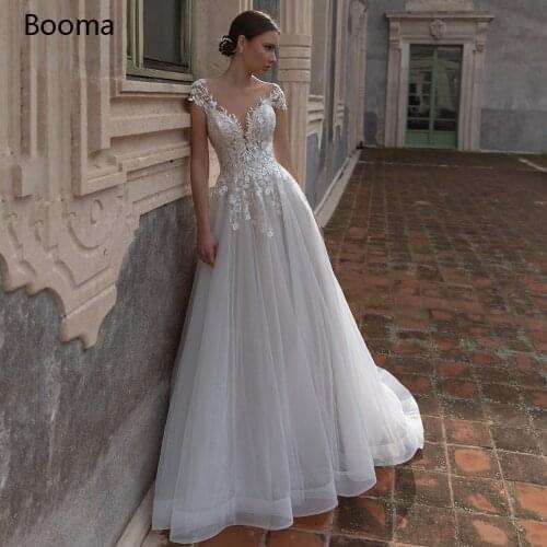 Simple V-Neck Beach Wedding Dresses Cap Sleeves Lace Appliques Long Bride Dresses Backless Glitter Tulle A-Line Wedding Gowns