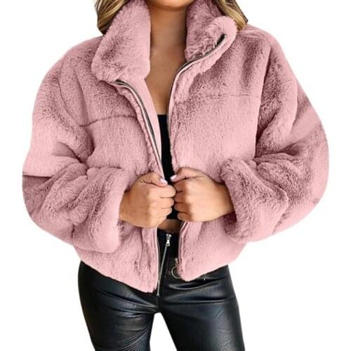 Dropshipping!! Women Coat Solid Color Zipper Faux Fur Warm Lapel Long Sleeve Jacket for Daily Wear