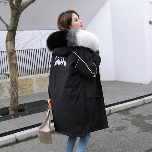 Plus Size Women Winter Long Jacket Printing Hooded Loose Womens Parkas Thick Fur Collar Korean Style Cotton Female Cold Coat