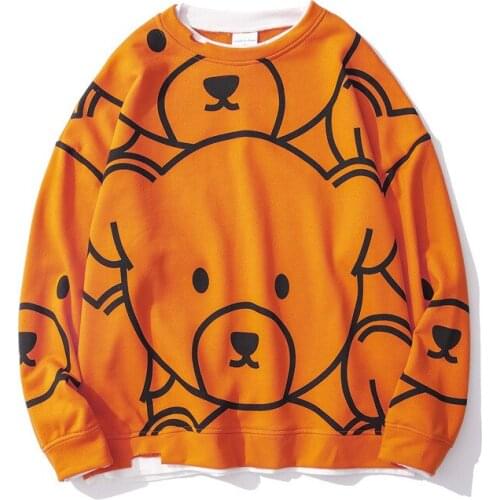 Japanese Harajuku Hip Hop Bear Print Sweatshirts Men Spring and Autumn Loose O-Neck Cotton Hoodies Pullover Fashion Couple Tops