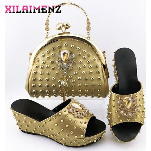 Peep Toe Wedges in Golden Color Italian Design Italian Women Shoes and Bag Set Sexy Ladies Shoes Matching Bag for Wedding Party