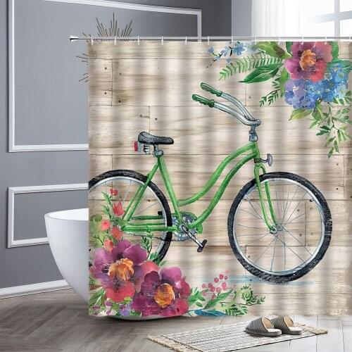 Retro Bicycle Shower Curtains Flowers Plant Wood Board Background Printing Waterproof Bathtub Decor Screens Bathroom Curtain Set