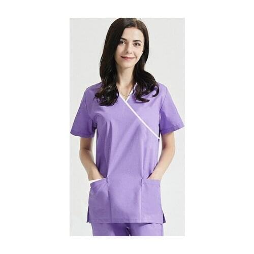 Womens Short Sleeve V-Neck Pocket Care Workers T-Shirt Tops Summer Workwear Tops Sexy Printed Nurse Uniform Clinic Blouse