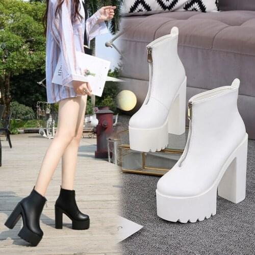 2020 New Autumn Winter Platform Boots High Heels Back Zipper Black White Short Boots For Women Waterproof Gothic Shoes
