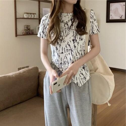 Woman T shirts summer korean style Short Sleeve slim T shirt harajuku print Asymmetry O-Neck soft white Tops girls basic T-Shirt