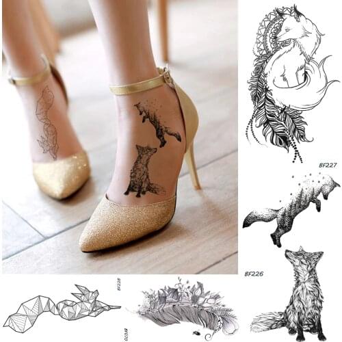BAOFULI Women Black Temporary Tattoo Stickers Fox Plant Flower Feather Watertransfer Fake Tatoos Geometry Body Art Tattoo Decal