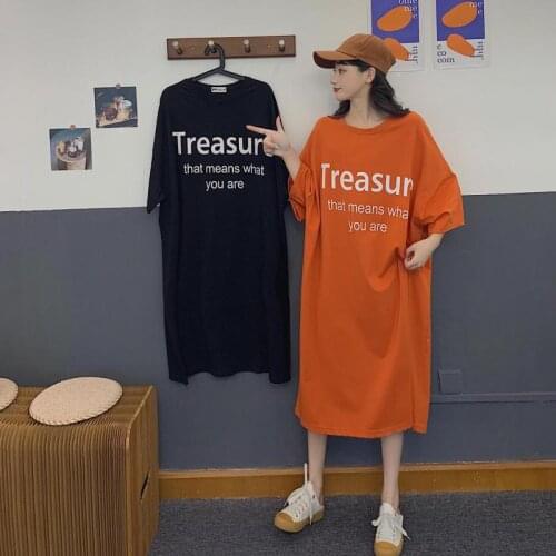 2021 Summer New Loose Casual Plus Size Thin Simple Black Letter O-neck Cotton Women Short Sleeved T-shirt Dress Free Shipping