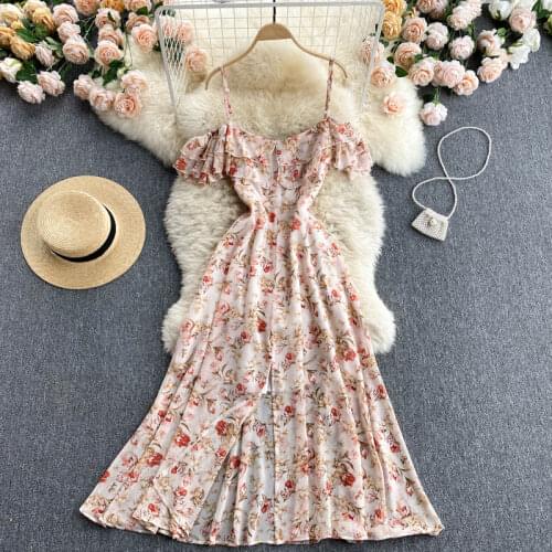 Summer Dress New Seaside Vacation Vestidos Womens One-word Neck Split and Swing Chiffon Floral Sling Beach Midi Dress GK740