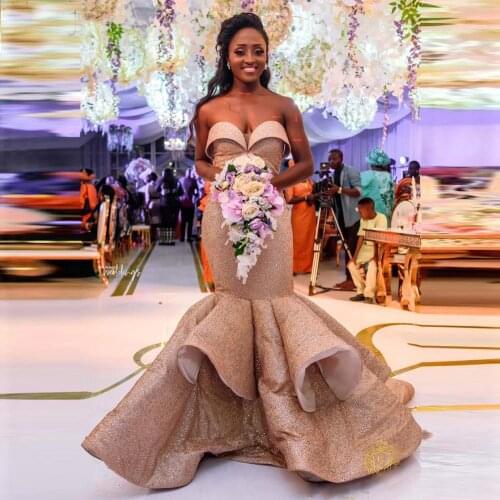 Champagne Glitter Long Mermaid Prom Dresses 2021 Strapless Court Train Formal Evening Party Gowns Robe De Soiree