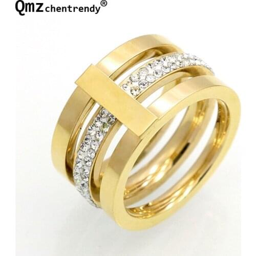 Top Quality Vintage Women Princess Wedding Rings for Women Rose Gold Stainless Steel 3 Row Girl Crystal Ring Fine Jewelry