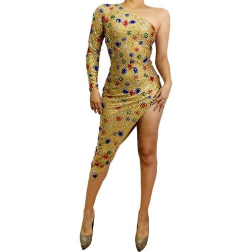 Gold Colorful Rhinestones Evening Birthday Dress Single Shoulder Club Celebrate Sexy Costume Prom Women Singer Skinny Dress