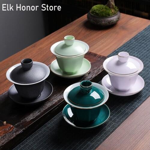 170ml 4 Color Handmade Glaze GaiWan Heat-resistant Milk Oolong Celadon Tea Set Porcelain Bowls Cup Saucer Wedding Tea Set Gifts