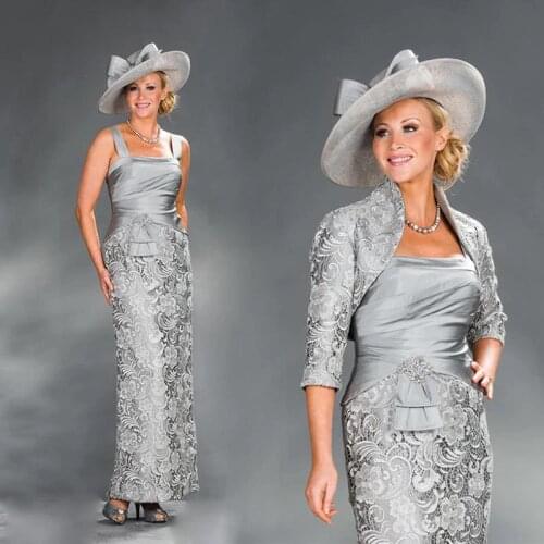2019 Elegant Mother of the Bride Guipure Lace Dresses With Jacket Vestido De Madrinha Sheath Silver Gray Lace Taffeta