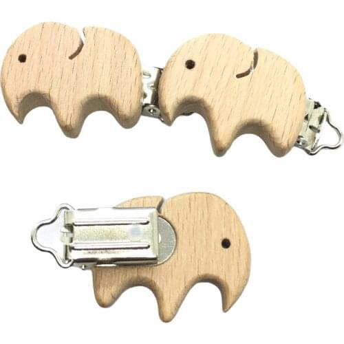 25pcs Solid Beech Wooden Elephants Shape Baby Stainless steel Pacifier Clips
