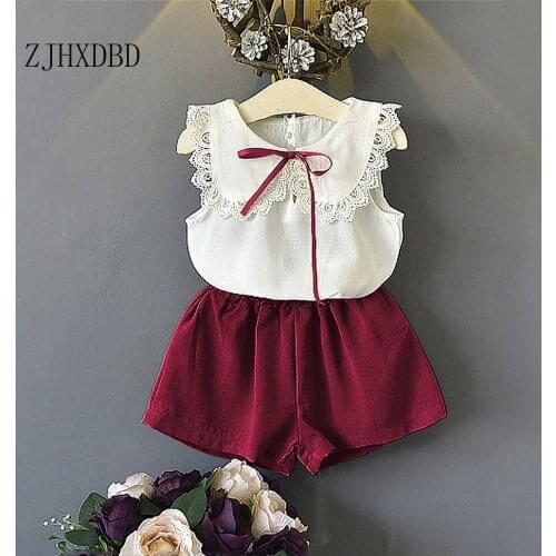 White Top Red Short Pants Childrens Clothing 2 Pieces Sets 2020 New Girls Summer Korean Suit Baby Collar Sleeveless Two-piece