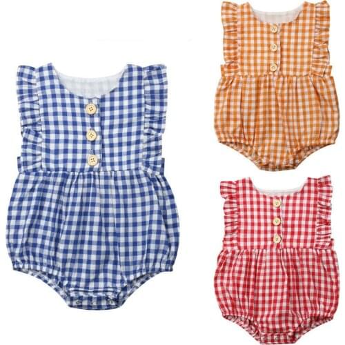 Newborn Infant Baby Girl Boy Ruffle Plaid Sleeveless Checked Jumpsuit Bodysuit Outfit Sunsuit Clothes 0-24M