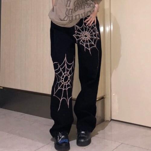 Embroidery Spider Web Trouser Tide Brand Y2K High Street Hip Hop Men And Women Loose Straight Couple Pants Black Vintage Clothes