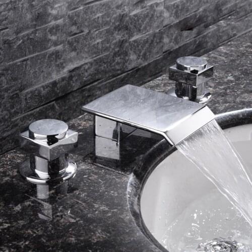 Chrome color 8" WIDESPREAD 3 Holes LAVATORY BATHROOM SINK FAUCET Square handles knobs deck mounted