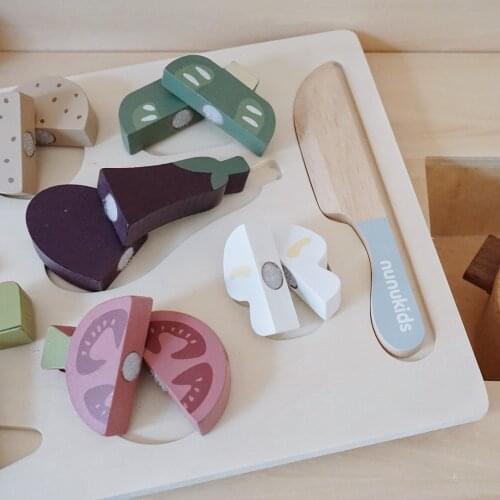 Kids Vegetable Cut Puzzle Set Wooden Blocks Toy Creative Early Education Wood Kitchen Play Pretend Game Toddlers Baby