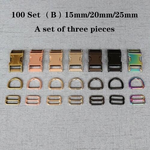 100 Set (B) 15mm/20mm/25mm Metal D Ring+Adjustable+Release Buckle For Pet Dog Collar Necklace Handmade Accessory 3JT7826B