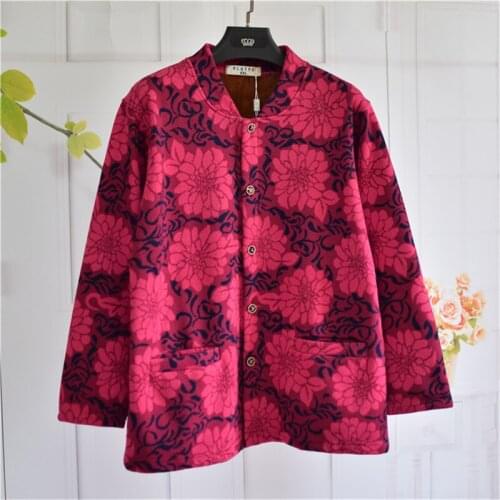 Middle-Aged Elderly Mothers Coat 2021 Autumn Winter Plus Velvet Warm Cardigan Tops Cotton Bottom Shirt Print Womens Outerwear