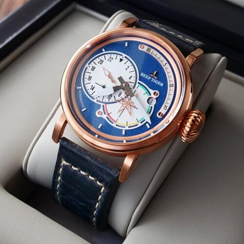 Reef Tiger/RT Military Watch Men Waterproof Genuine Leather Strap Watches Blue Dial Automatic Pilot Watches Date RGA3019