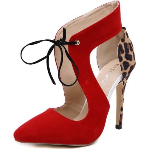 High Heels Red Leopard Shoes Women Pumps Wedding Lady Pointed Toe Flock Sexy 11 cm Wedding Cross-tied Sapato Feminino