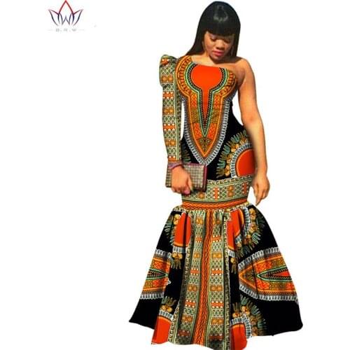 Stock Size Low Price African Women Dashiki Vestidos African Bazin Riche Dress for Women Cotton Print Mermaid Long Dress WY346