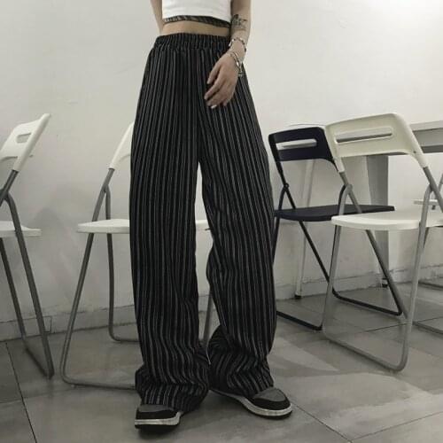 WomenS Wide-Leg Pants Autumn Retro Stripe Print Design Chic Trousers Street Wear Loose Straight High Waist Sports Pants Jogger