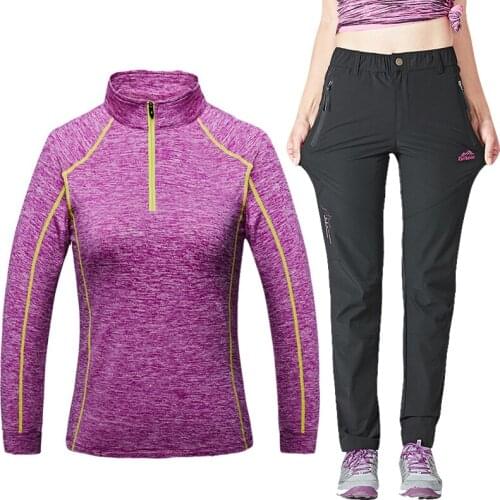 Women Quick Dry Tshirt Set Summer Camping Climbing Trekking Hiking Pants Women Long Sleeve Compression Running tshirt Sportswear