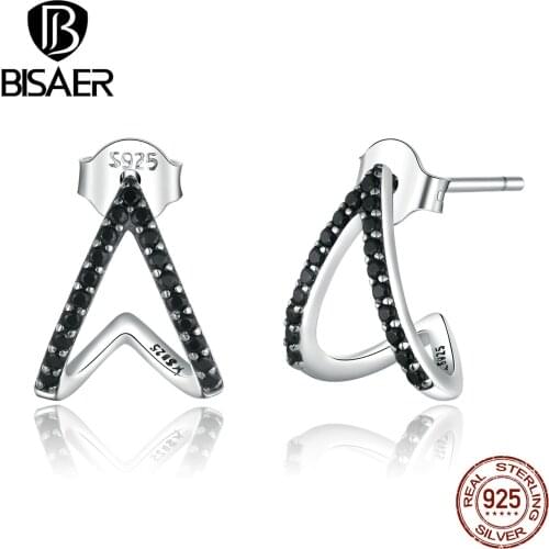 BISAER Hot Sale 925 Sterling Silver Simple Geometry Stud Earrings for Women Black Zircon Small Fashion Earrings Jewelry ECE924
