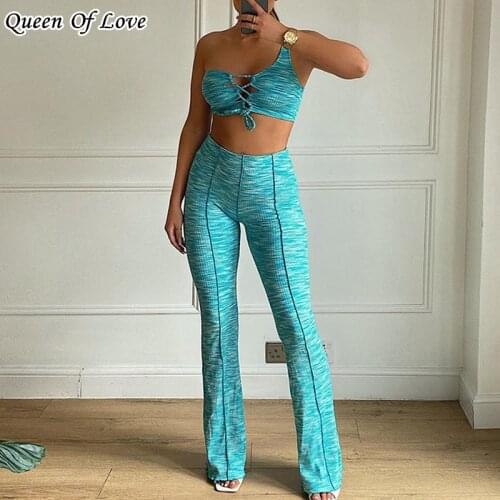 2 Piece Women One Shoulder Lace UP Crop Top And Flare Pant Matching Set 2021 Summer Fashion Streetwear Green Pants Outfits