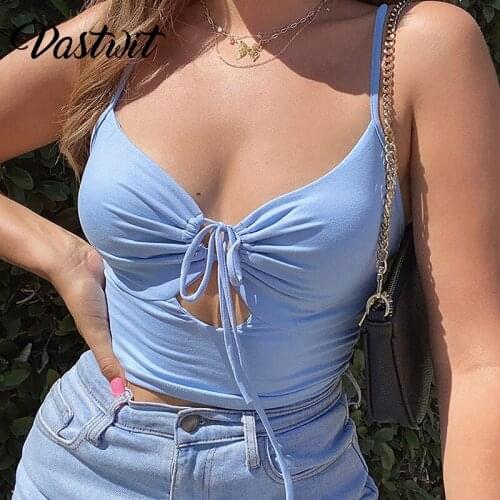 Sexy Lace-Up Cutout Bandage Solid Color Crop Top Women Y2k Aesthetic Clothes Summer Pleated Camisole Corset Tops Vest Clubwear